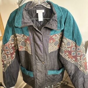 VTG 80s/90s Blair Women's Jacket Oversized Medium Green Tapestry Corduroy Aztec